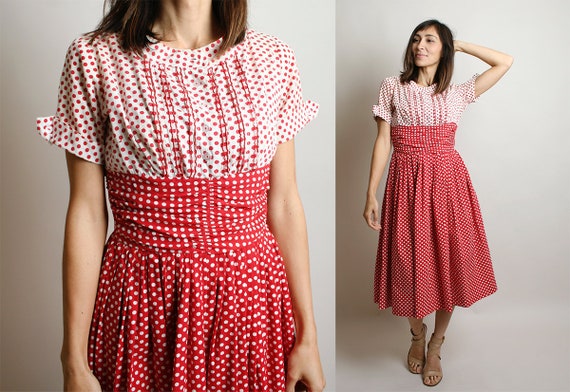 Vintage 1950s Dress - Red & White Polka Dot Ombre… - image 1