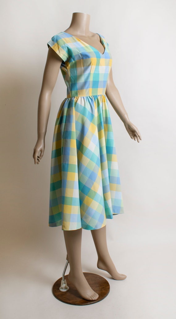 Vintage 1980s Plaid Dress - Pastel Blue Yellow Gr… - image 3