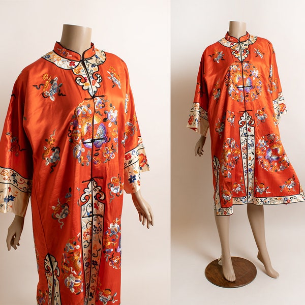 Vintage Chinese Silk Robe - Embroidered Asian Art Butterfly Floral Flower Orange Black Lounge Coat