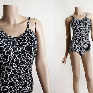 Vintage Giraffe Print Bathing Suit - Black and White Graphic Print - Maxine of Hollywood - One Piece Maillot Swim Suit - Small medium