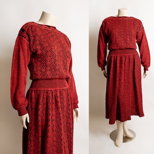 Vintage Red & Black Knit Sweaterdress - Geometric Diamond Print - Slouchy 1990s Boat Neck Puff Sleeve - Medium Large
