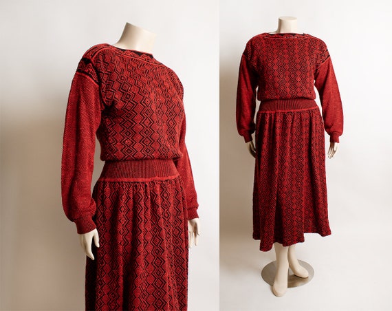 Vintage Red & Black Knit Sweaterdress - Geometric… - image 1