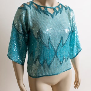 Vintage Sequined Cut-Out Cold Shoulder Blouse Light Blue Teal Iridescent Aquamarine Turquoise Beaded Silk Wings Flames Top Large image 2