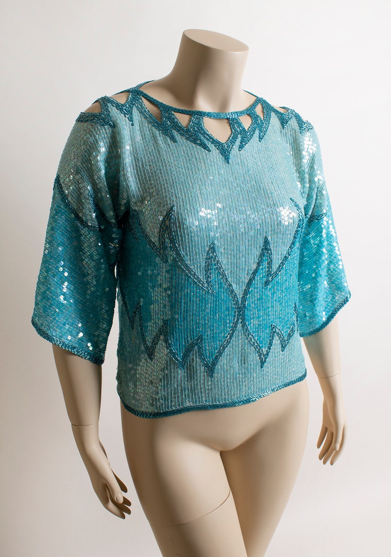 Vintage Sequined Cut-Out Cold Shoulder Blouse Light Blue Teal Iridescent Aquamarine Turquoise Beaded Silk Wings Flames Top Large image 2