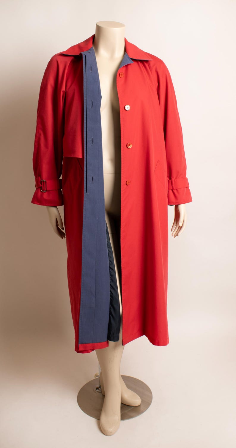 Large Red Button Clicker Vintage London Fog Trench Coat - Cherry Red Button up Maxi Long Length ...
