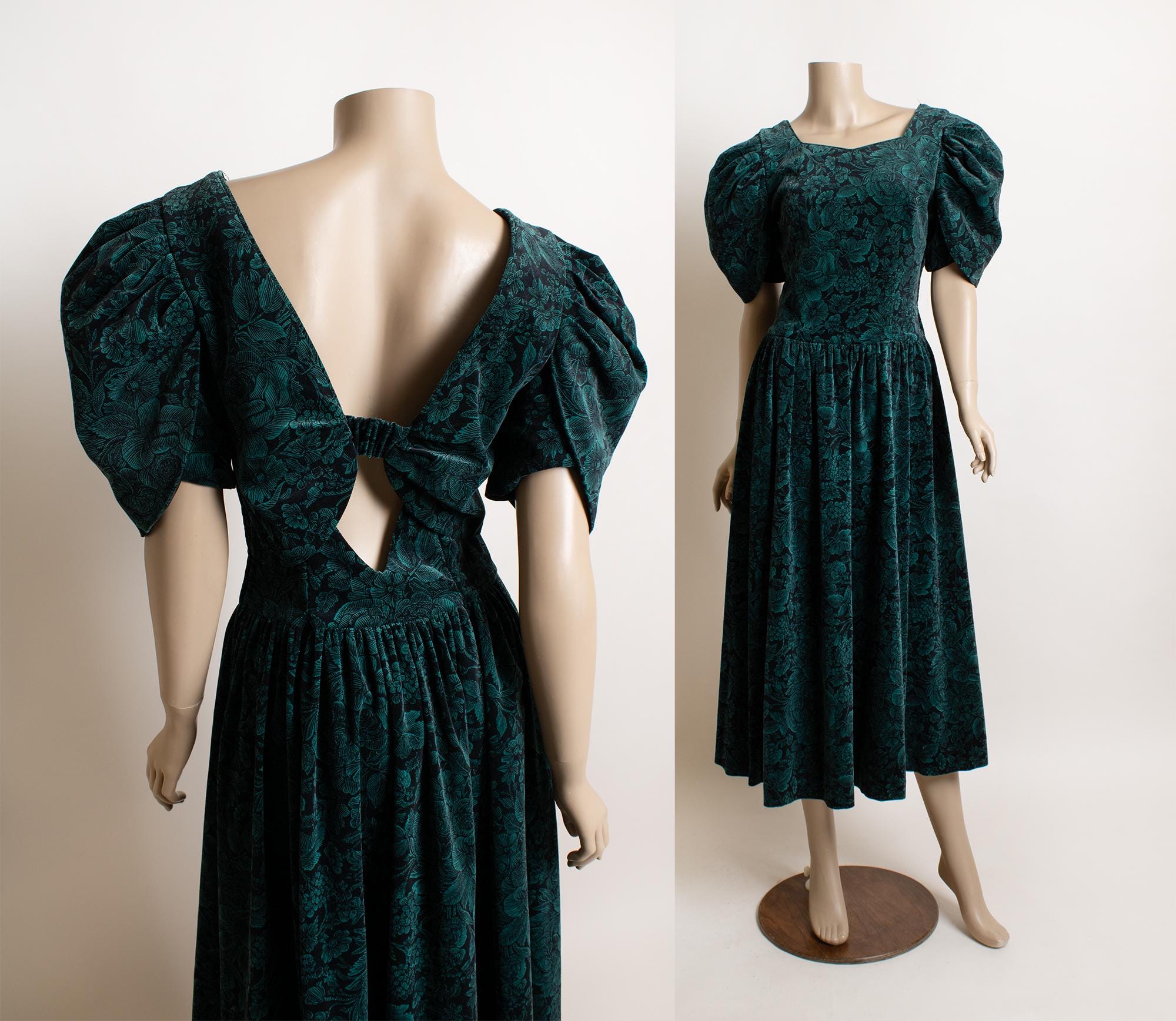 Vintage 1980s Laura Ashley Green Velvet Dress - Dark Emerald Rose Floral  Print Huge Puff Sleeve Bow Back Open Diamond Full Tea Length Small - Etsy