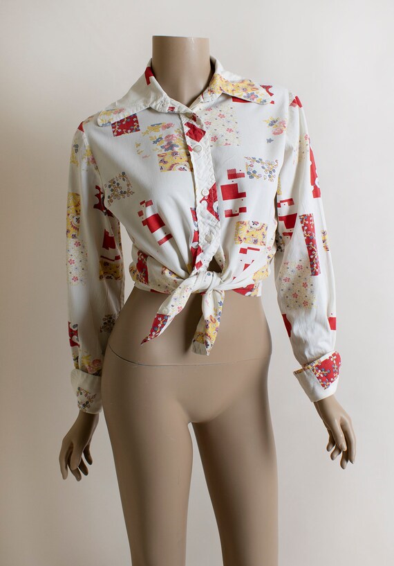 Vintage 1970s Patchwork Blouse - Button Up Front … - image 5