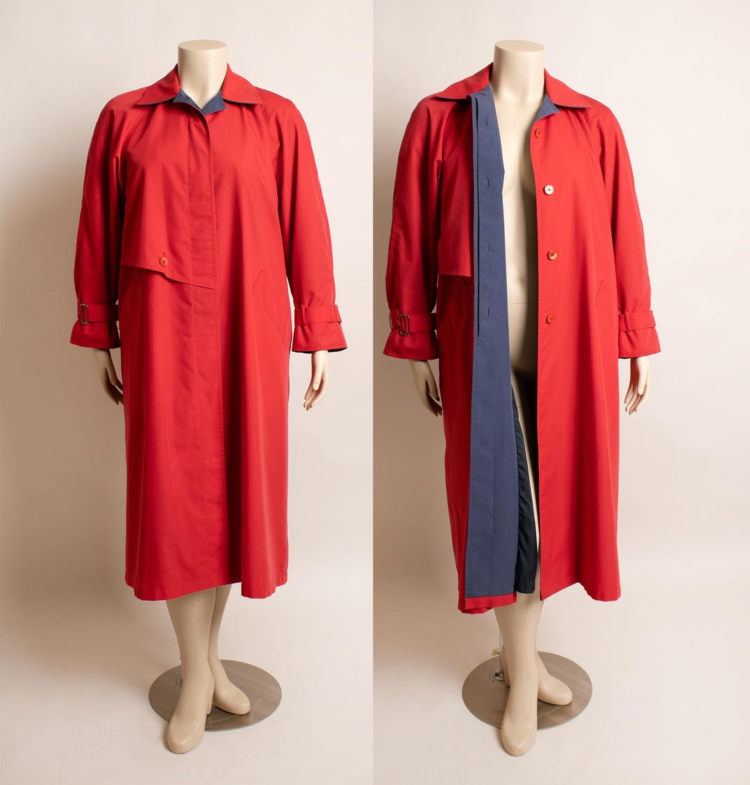 Large Red Button Clicker Vintage London Fog Trench Coat - Cherry Red Button up Maxi Long Length ...