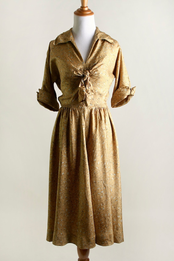 Vintage 1940s Dress - Mustard Yellow Swirls and D… - image 5