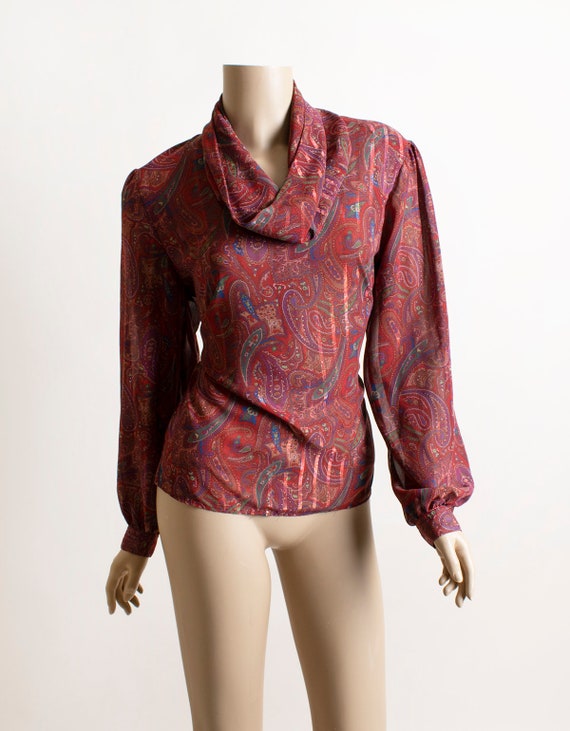 Vintage 1980s Paisley Print Blouse - Maroon Burgu… - image 8