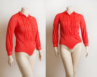 Vintage 1970s Nylon Bodysuit - Bright Cherry Red Tuxedo Ruffle Front Long Sleeves - Kayser - Large