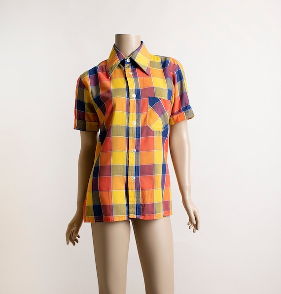 Vintage 1980s Rainbow Plaid Blouse - Button Up Front Shirt - Sharp Pointy Collar - Primary Colors - Small Medium