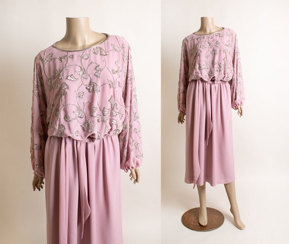 Vintage Mauve 1970s Beaded Dress - Draped Billowy… - image 1