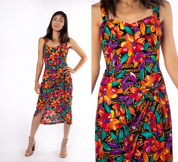 Vintage Hawaiian Wrap Dress - 1980s Floral Print T