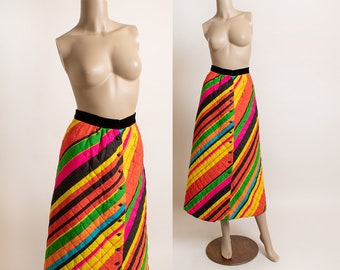 Vintage 1960s Neon Striped Maxi Quilted Skirt - Black Hot Pink Yellow Diagonal Rainbow Stripe Puffy Velvet Quilt - Fruit Stripes - XS 24"