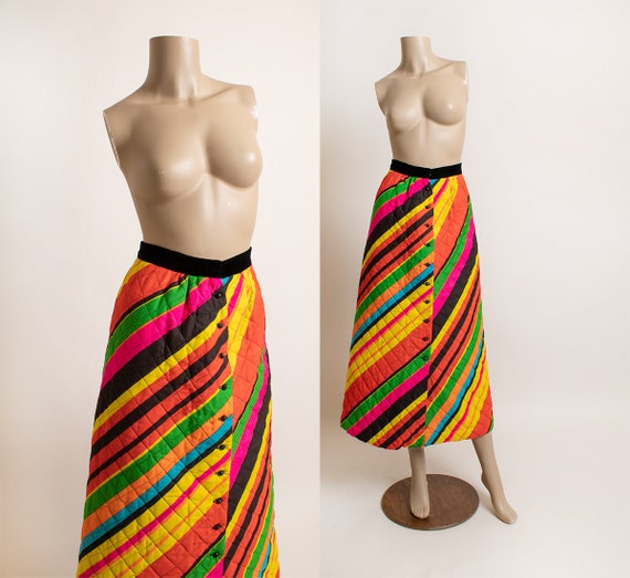 Vintage 1960s Neon Striped Maxi Quilted Skirt - B… - image 1