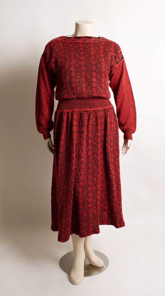 Vintage Red & Black Knit Sweaterdress - Geometric… - image 3