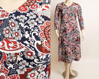 Vintage 1960s Paisley Print Dress - 60s Long Sleeve Red White Blue Brown Psychedelic Floral Swirl 70s Midi Maxi Style - Large