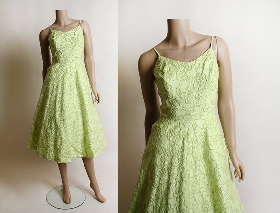 Vintage 1950s Dress - Chartreuse Lime Green Floral