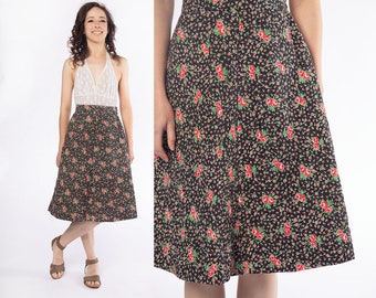 Vintage Rose Print Quilt Skirt - A-Line Knee Length Black & Pink Floral Print Skirt 1970s - Cotton - Small 26" Waist