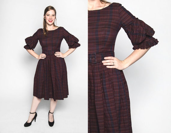 Vintage 1960s Dress - Jewel Tone Purple Plaid Stri
