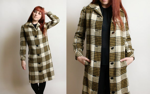 Vintage Plaid Coat - 1960s 1970s Yellow & Black Sh