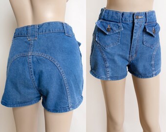 Vintage 1970s 1980s Denim Jean Shorts - Front Flap Pockets - Back Rainbow Arch Stitch - 70s Style - Eleda Small Medium 28" waist