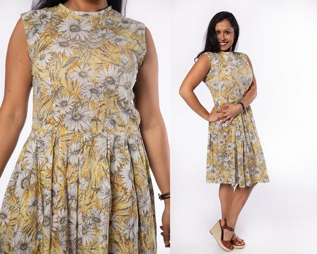 Vintage 1960s Dress Sunflower Daisy Print Day Dress Box Etsy