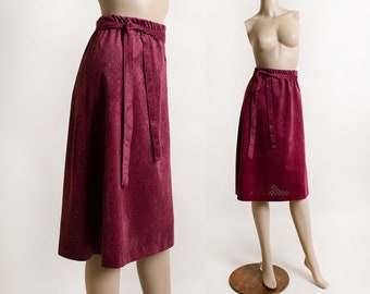 Vintage 1970s Maroon Skirt - 70s Peek-a-Boo Hole Punch Criss Cross A-line Skirt with Tie Belt - Burgundy - 30" waist