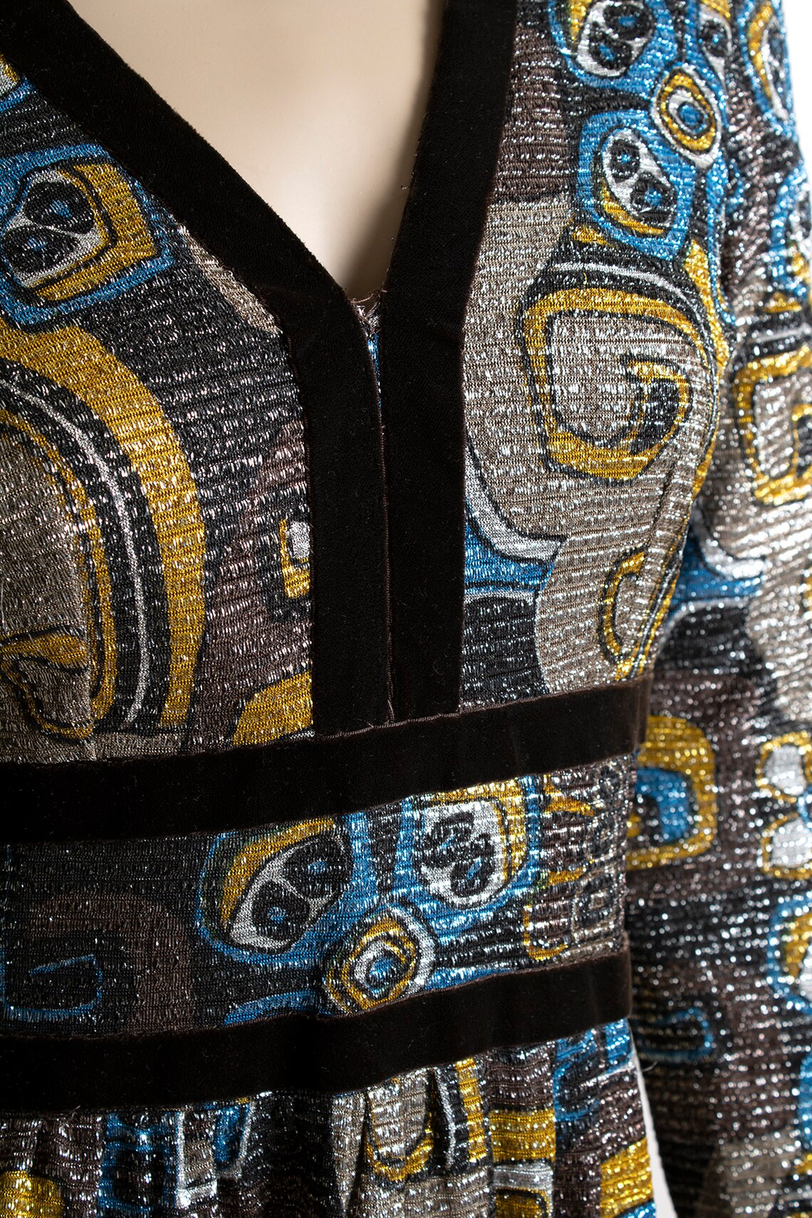 Small 1960s Blue and White Lurex Floral Print Knit Dress