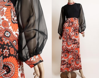 Vintage 1960s Psychedelic Maxi Dress - Black Orange Sheer Long Billowy Sleeves Floral Flower Power Floor Length 60s 1970s 70s Small