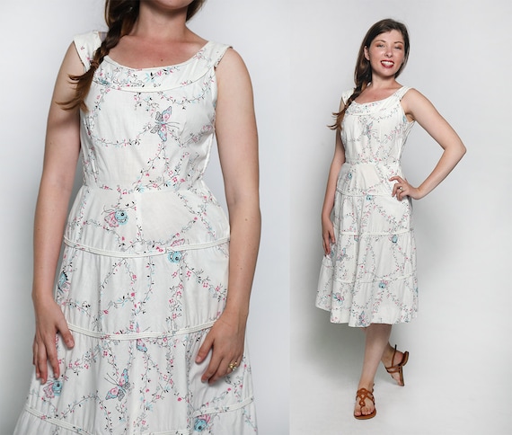 Vintage 1950s Dress - Butterfly Novelty Print Flor
