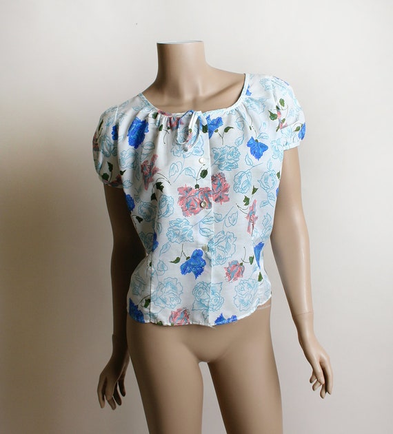 Vintage Rose Print Blouse - 1950s Cotton Pink & S… - image 4