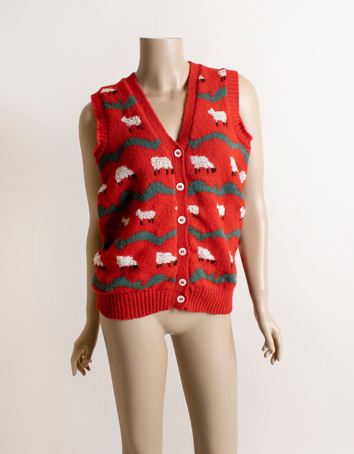 Vintage Sheep Vest - Red White Knit 1980s 1970s Novelty Vintage Sheep Vest - Red White Knit 1980s 1970s Novelty