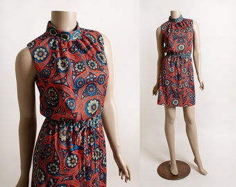 Vintage 1960s Psychedelic Mini Dress - Sleeveless Abstract Paisley Red & Blue Mod Mini with Drawstring Waist - Pacemaker 60s Small