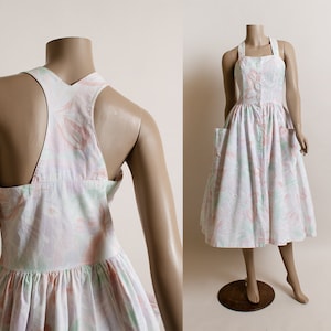 Vintage 1980s Butterfly Print Sundress - Pastel Pink Blue White Button Up Racerback Watercolor Summer Dress - Cotton Day - Small Joni Blair
