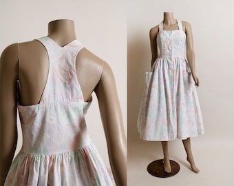 Vintage 1980s Butterfly Print Sundress - Pastel Pink Blue White Button Up Racerback Watercolor Summer Dress - Cotton Day - Small Joni Blair