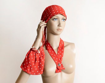 Vintage 1940s Scarf & Bag Set - Cherry Red and White Polka Dot Print - 3 Piece Set - Rayon