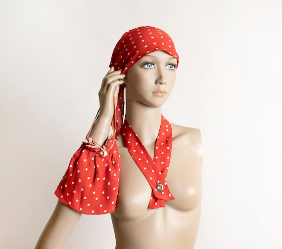 Vintage 1940s Scarf & Bag Set - Cherry Red and Wh… - image 1