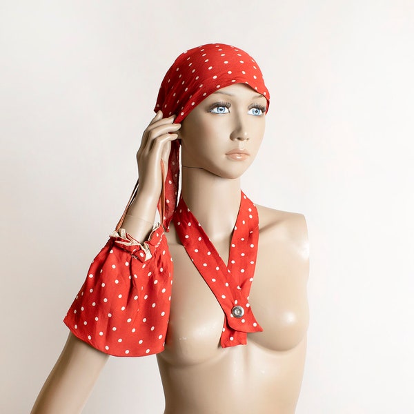 Vintage 1940s Scarf & Bag Set - Cherry Red and White Polka Dot Print - 3 Piece Set - Rayon