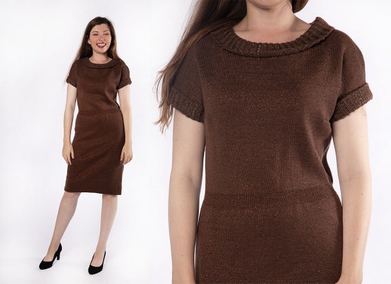 Vintage 1970s Knit Dress - Dark Chocolate Brown w… - image 1