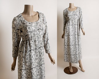 Vintage Paisley Print Maxi Dress - 1960s 70s style Handmade Black Silver White Long Sleeve Floral Floor Length Dress - Small