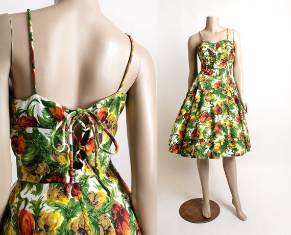 Vintage 1960s Floral Sundress - Lace-Up Back Cors… - image 1