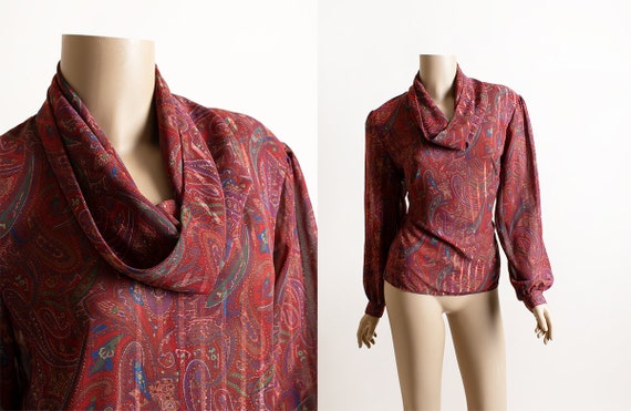 Vintage 1980s Paisley Print Blouse - Maroon Burgu… - image 1