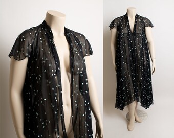 Vintage Star & Moon Print Sheer Duster Robe - Black and Pastel Blue - Ruffle Flutter Sleeve Lingerie Boudoir Maxi Flowy Celestial