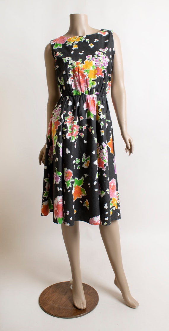 Vintage 1980s Dark Floral Summer Dress - Black Co… - image 2