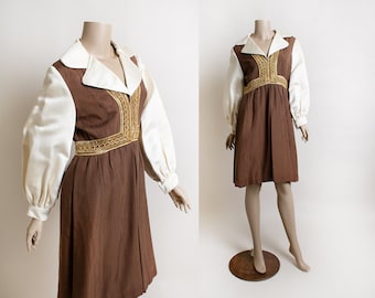 Vintage 1970s Oscar De La Renta Boutique Dress - White Satin Sleeves & Gold Trims - Prairie Style Dolly Dress - Designer - Small
