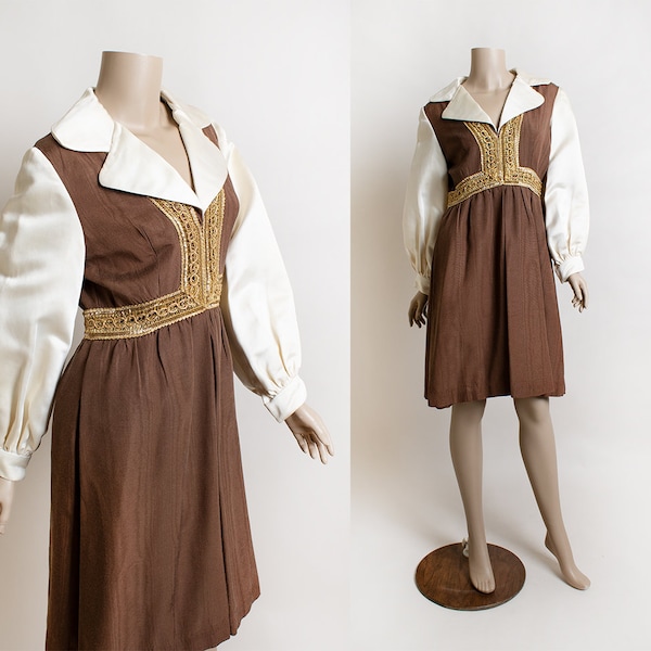 Vintage 1970s Oscar De La Renta Boutique Dress - White Satin Sleeves & Gold Trims - Prairie Style Dolly Dress - Designer - Small