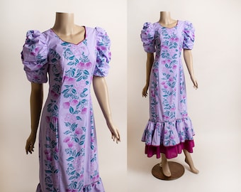 Vintage Purple Floral Hawaiian Maxi Dress - Tiered Ruffle Mermaid Flower Tropical Puff Sleeve T & L Muumuu Factory Lavender Island Small