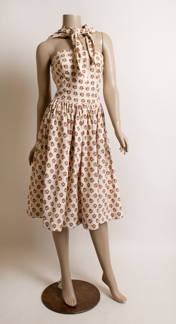 Vintage 1950s Halter Dress - Light Cocoa Brown Au… - image 7